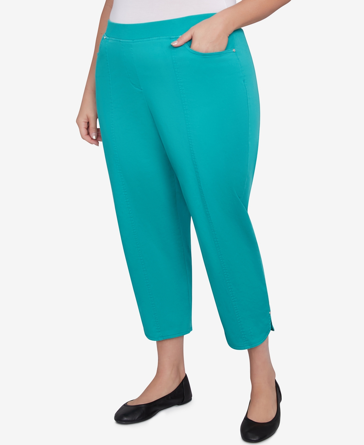 Alfred Dunner Plus Size Parrot Cay Novelty Cuff Tummy Control Capris Pants In Jade