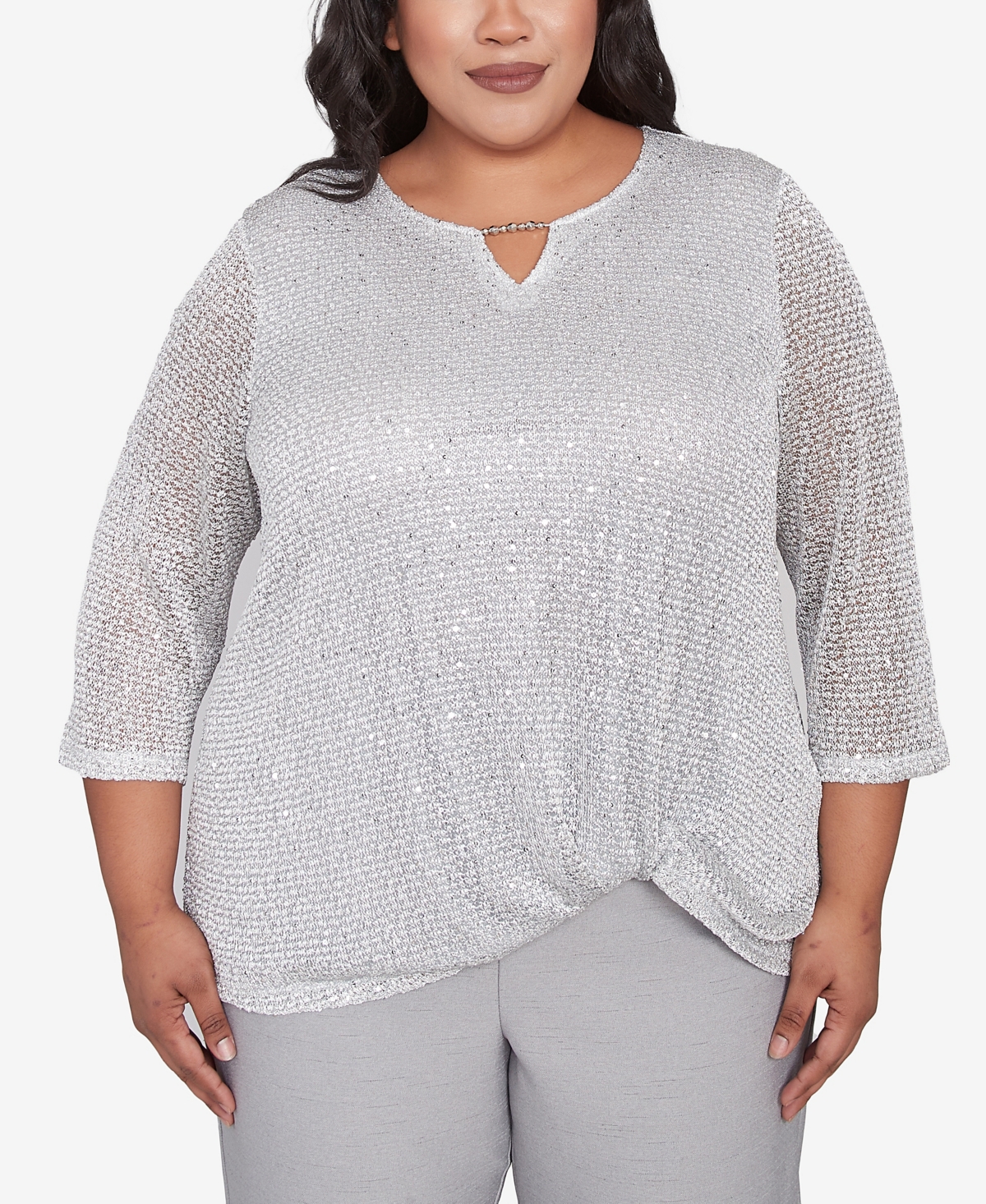 Alfred Dunner Plus Size Estate Of Mind Sequin Beaded Split Neck Top In Dove Gray
