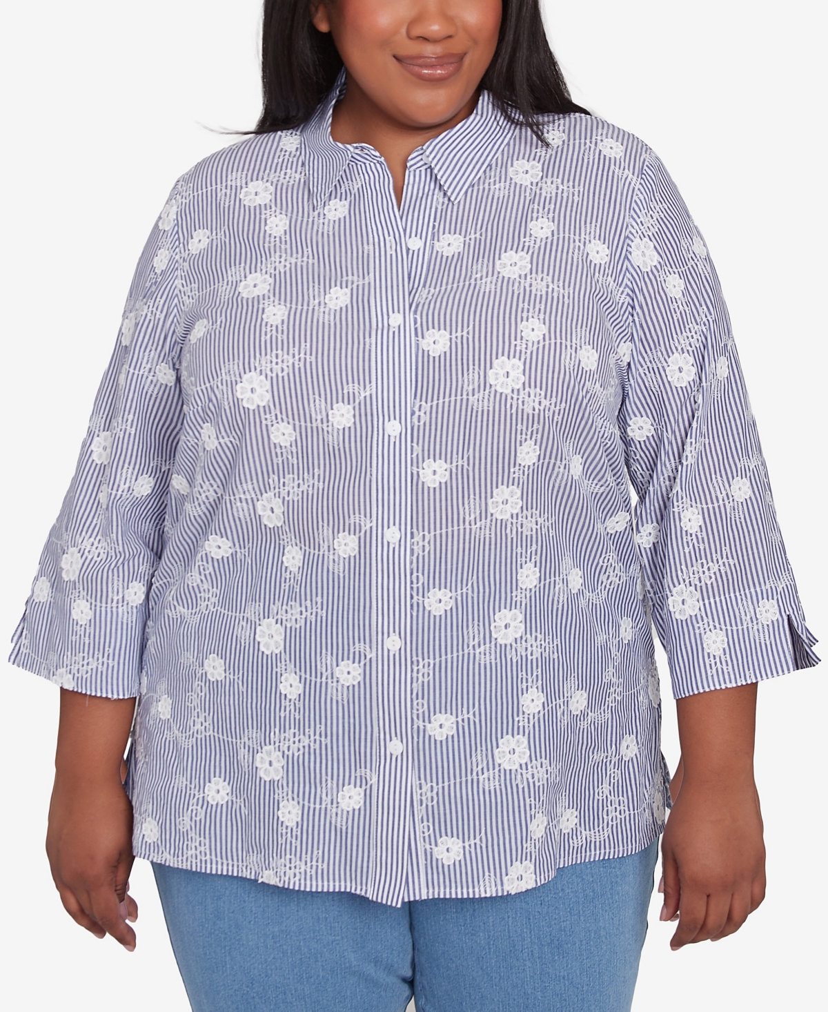 Plus Size Flower Power Striped Breezy Floral Applique Collared Top - Blue