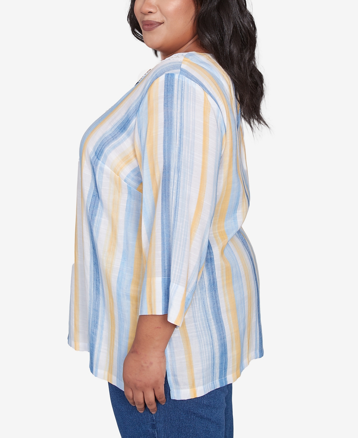Alfred Dunner Plus Size Flower Power Striped Flower Detail Button Front Top In Multi Blue