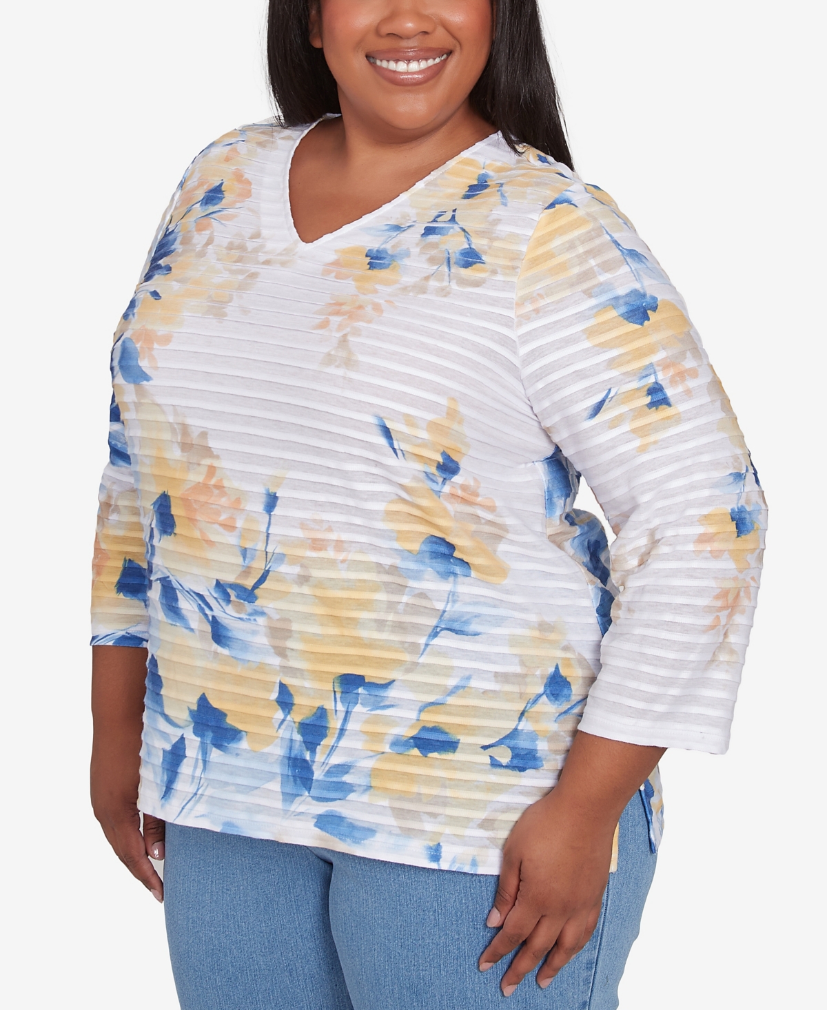 Alfred Dunner Plus Size Flower Power Floral Textured V Neck Top In Multi Blue