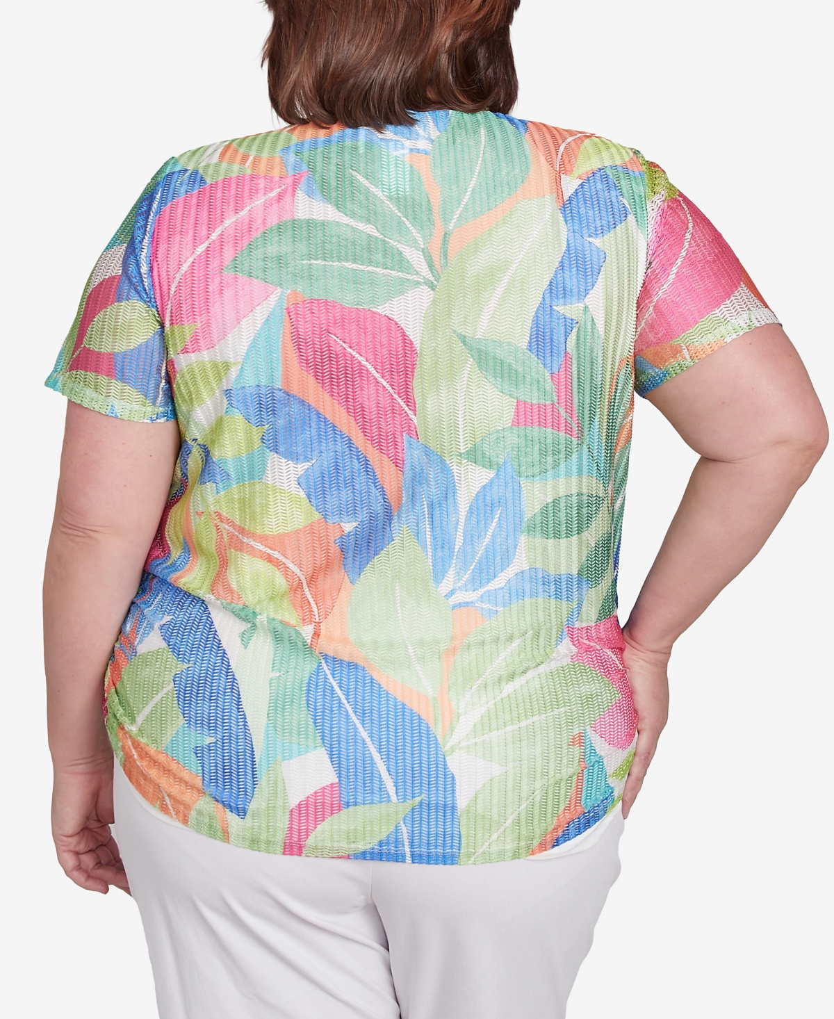 Alfred Dunner Petite Parrot Cay Textured Tropical Beaded Neck Top In Multi Green