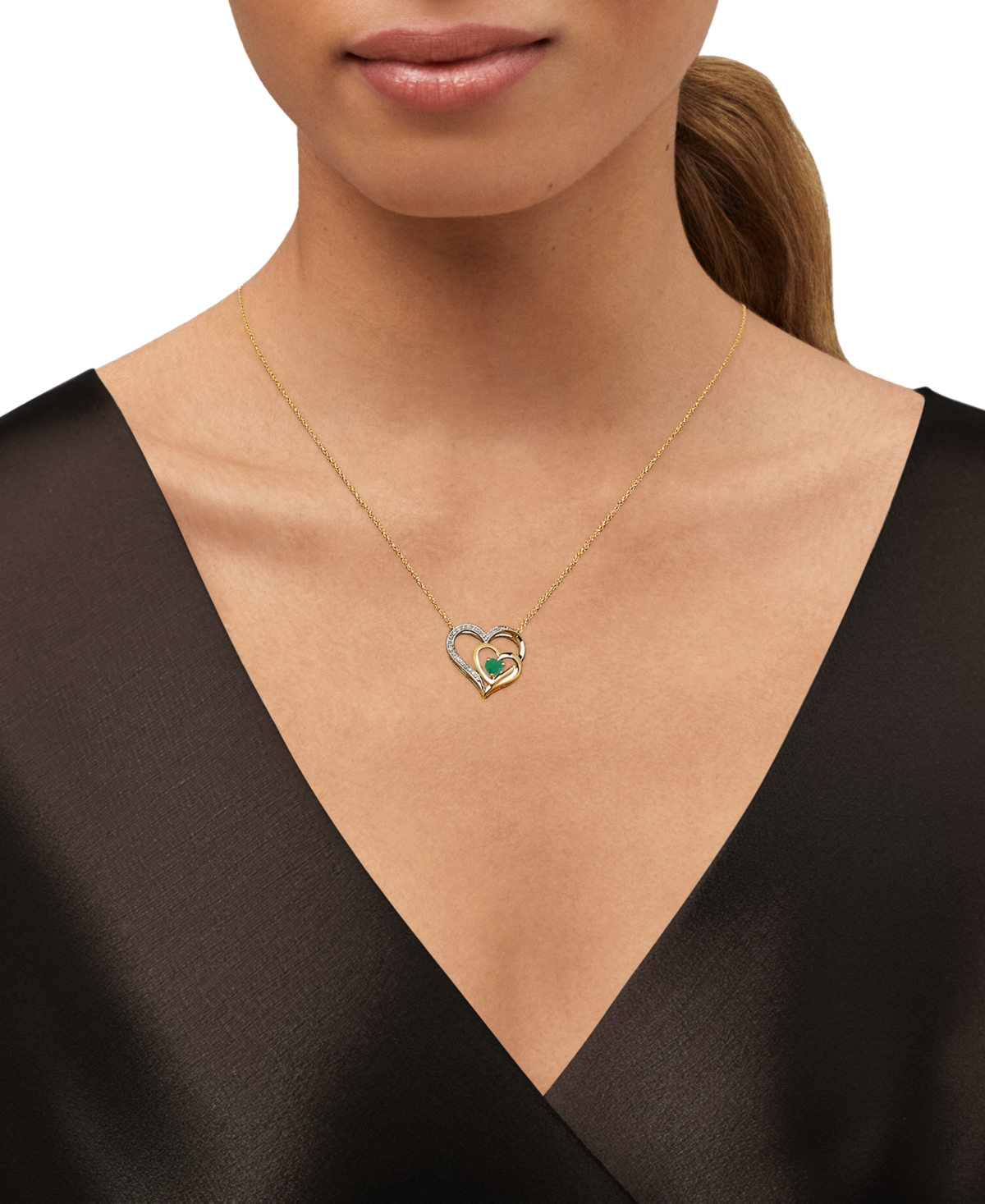 Macy's Emerald (1/3 Ct. T.w.) & Diamond (1/10 Ct. T.w.) Double Heart 18" Pendant Necklace In 14k Gold In Emerald
