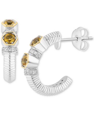 EFFY Collection - Citrine (3/8 ct. tw.) & White Sapphire (1/10 ct. t.w.) Small Hoop Earrings in Sterling Silver & 18k Gold, 0.62"