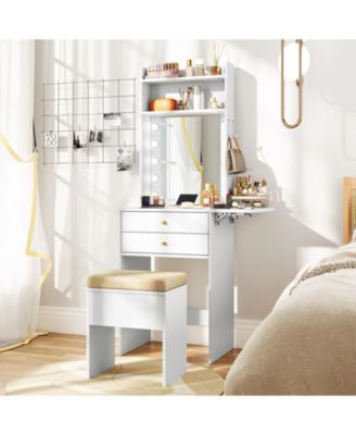 Compact Vanity Desk with Lighted Mirror and Built-In Power Outlets