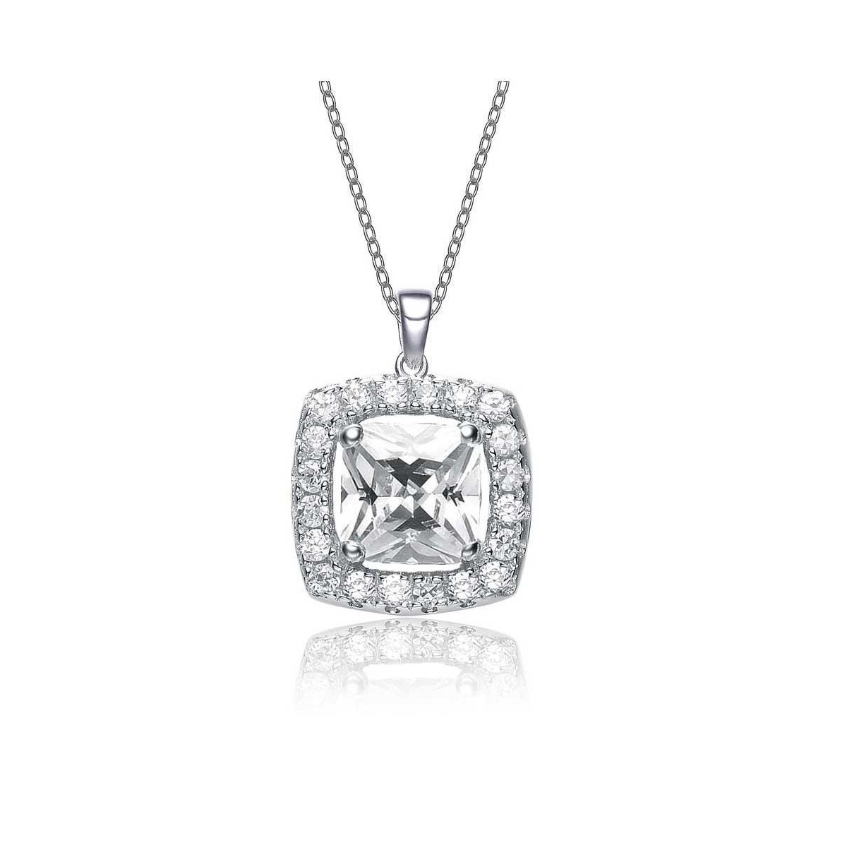Sterling Silver White Gold Plated with Clear Cubic Zirconia Square Shape Pendant Necklace - White