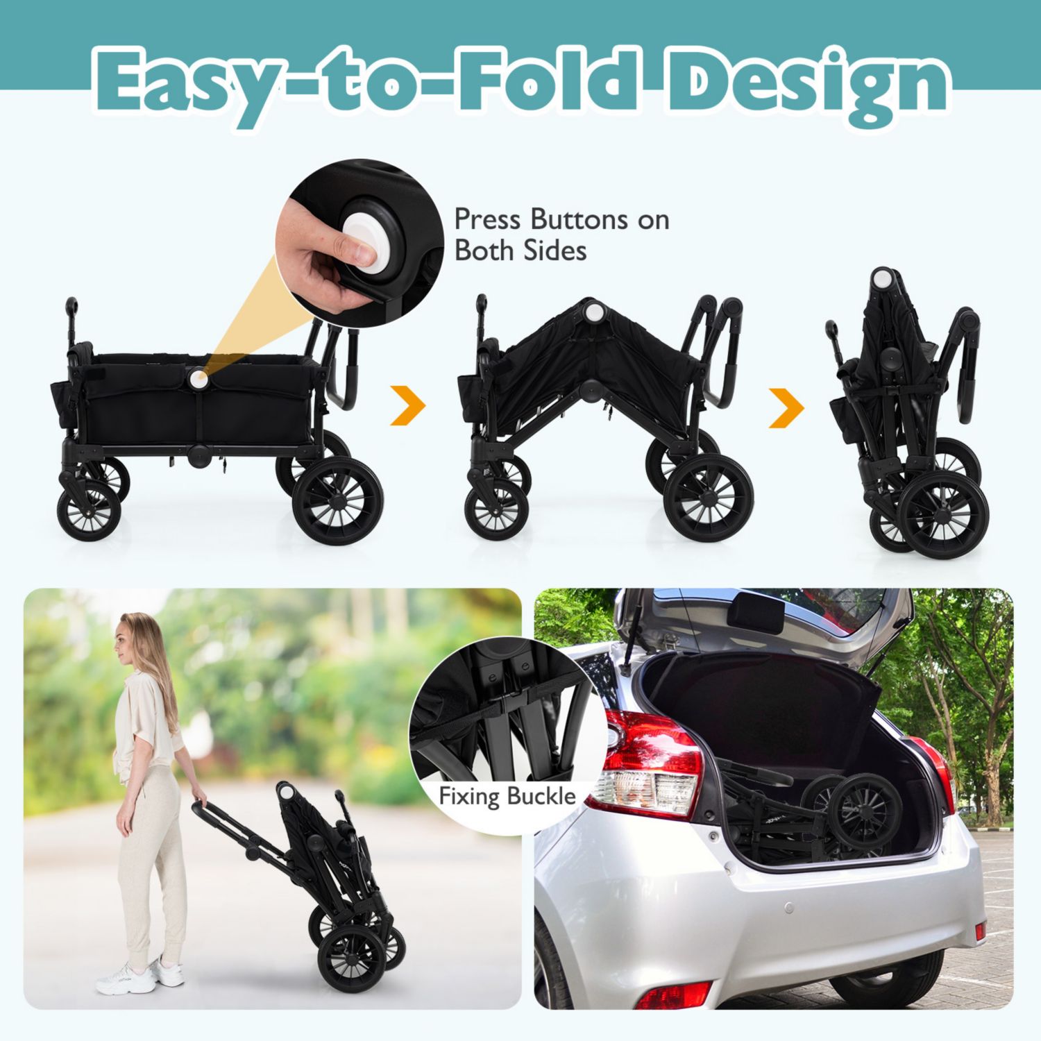 2-Seater Collapsible Kids Wagon Stroller with Push Pull Handle and Adjustable Bar