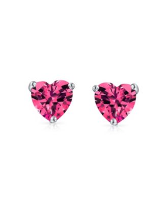 Tiny Pink Fuchsia CZ Heart Stud Earrings, Simulated Ruby, Sterling Silver