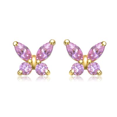 Sterling Silver 14K Gold Plated with Pink Cubic Zirconia Flower Butterfly Stud Earrings