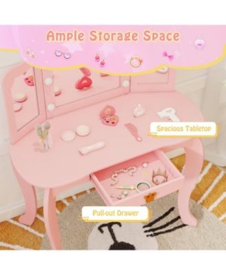 Kids Vanity Set with Tri-Fold Lighted Mirror, Detachable Top, and Stool Fun Dressing Table for Kids