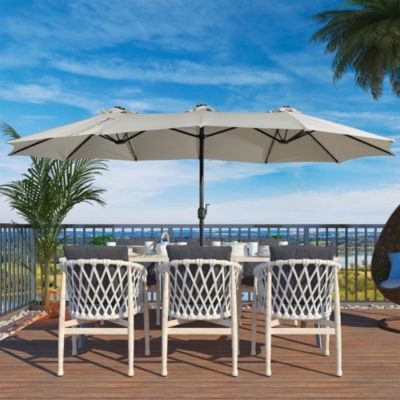15 FT Double-Head Patio Umbrella with Base Included Large Outdoor Umbrella with Solar Detachable Lights Rectangular Crank Market Umbrella