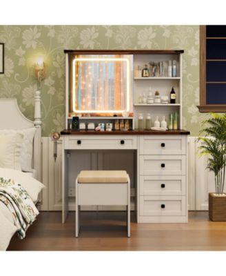 Farmhouse Vanity Set with Mirror and 3-Color LED Lighting for Bedroom or Dressing Room