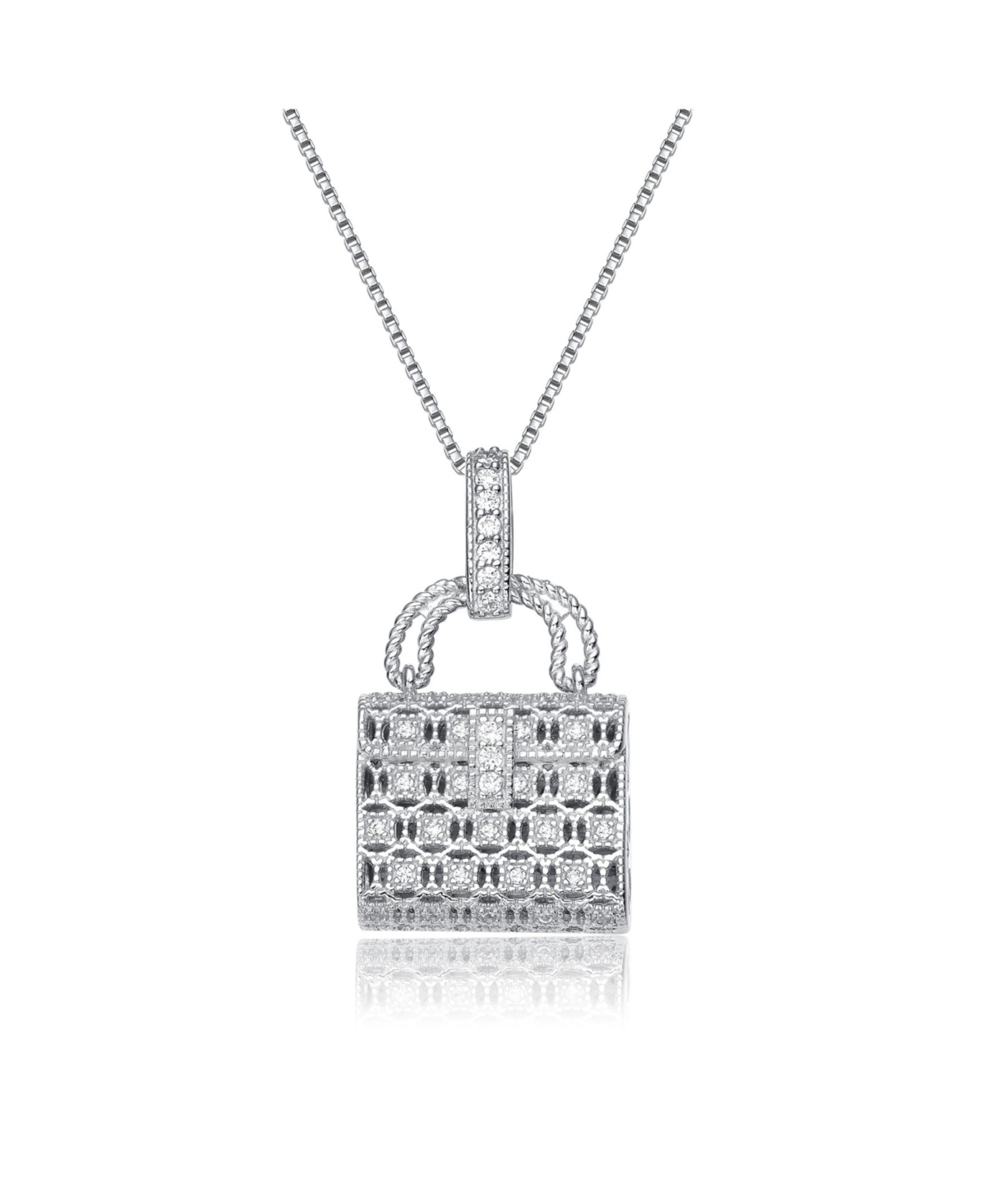Sterling Silver White Gold Plated with Clear Cubic Zirconia Lock Pendant Necklace - White