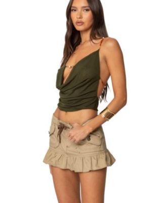 Women's Beaded Deep Cowl Neck Backless Top