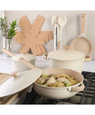 Cast Aluminum 13-Piece Cookware Set – Ceramic Nonstick, Linen White with Wood Handle