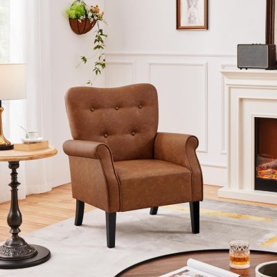High Back PU Leather Accent Armchair with Wood-tone Metal Legs