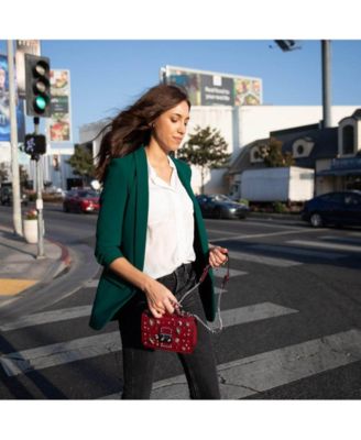 Burgundy Studded Leather Crossbody Bag Small Designer Purse with Top Handle and Embellishments for Women