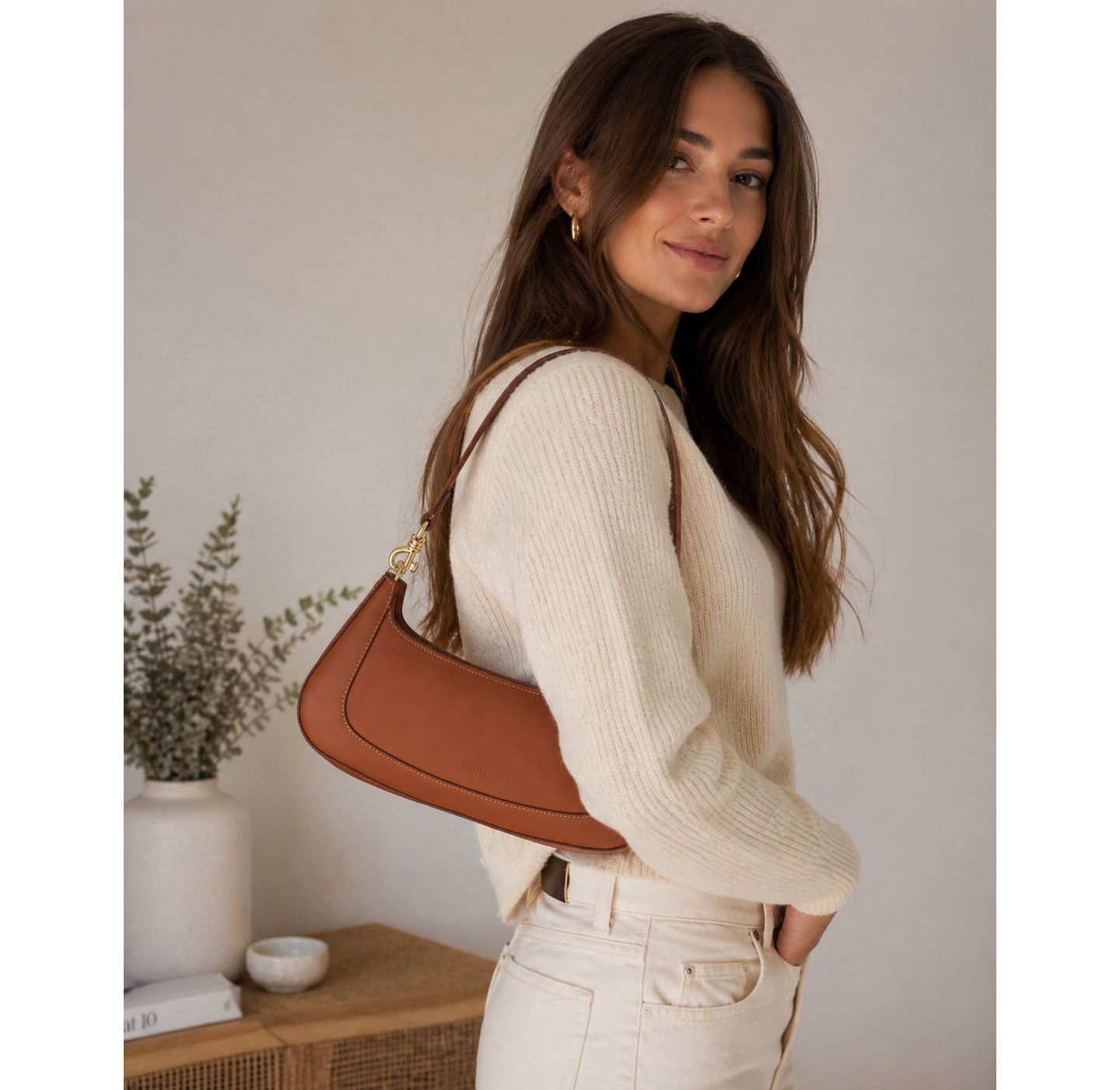 Женская сумка SUSU Leather Baguette Bag Brown Purse 90s Small Shoulder Bag Y2K Underarm Bag Trendy Handbag, цвет: Коричневый / Коньячный — фото 2