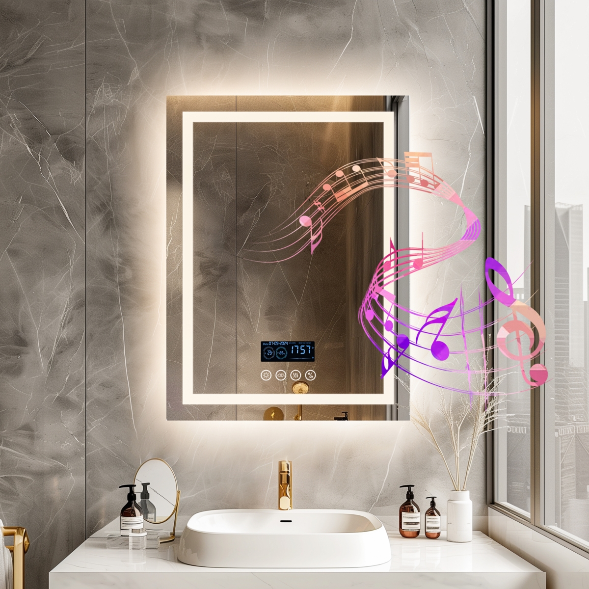 23.6 x 31.5 In Smart Led Lighted Bathroom Mirror with Bluetooth Speaker, Front-lit, Backlight - Silver