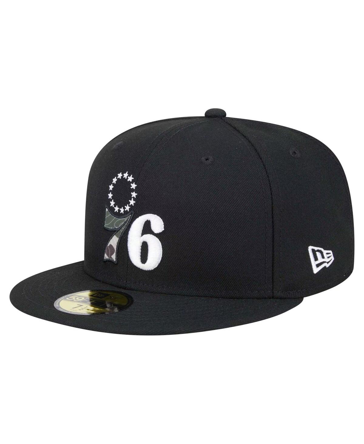 New Era Men's Black Philadelphia 76ers Camo Print Uv 59fifty Fitted Hat In Black,camo