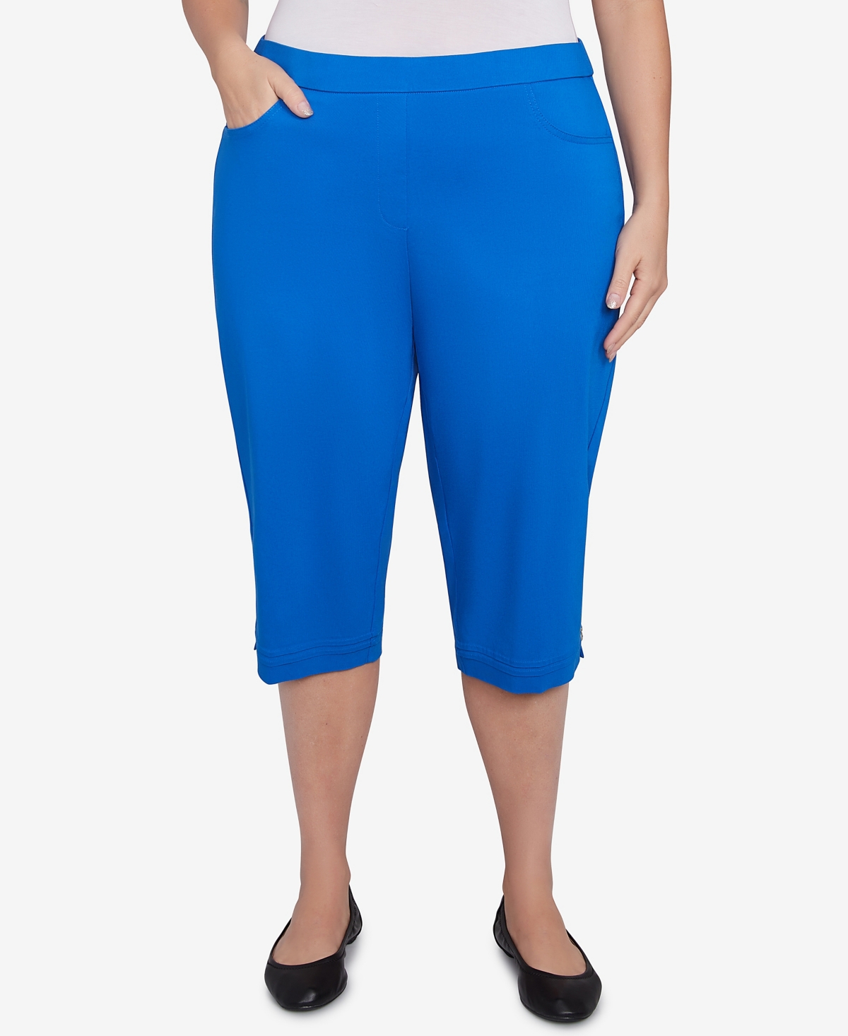 Alfred Dunner Plus Size Parrot Cay Novelty Cuff Tummy Control Capris Pants In Cobalt Blue