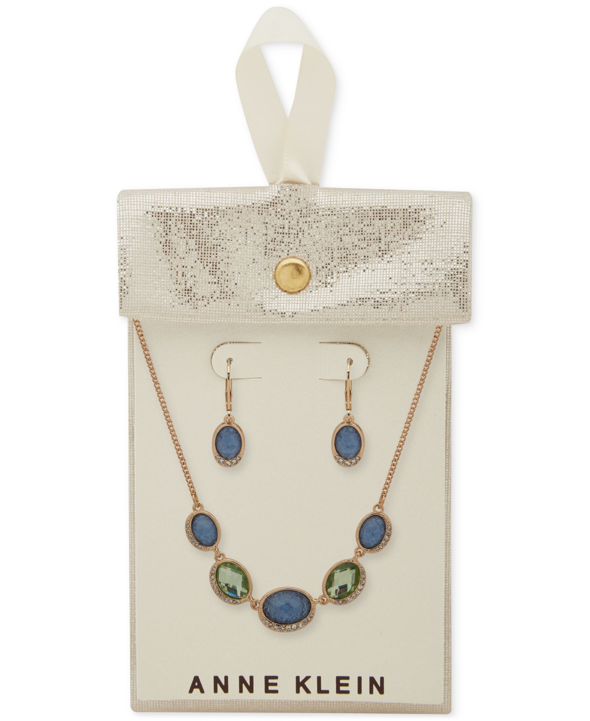 Anne Klein Gold-tone Pave & Oval Stone Statement Necklace & Drop Earrings Set In Multi