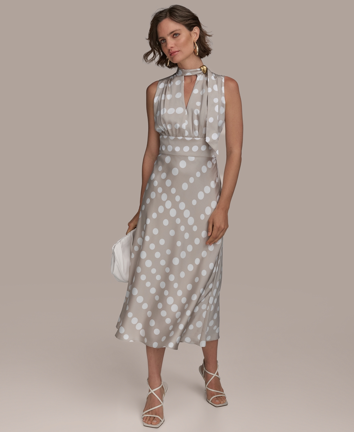 Women's Dot-Print Tie-Neck A-Line Dress - Clay Cream