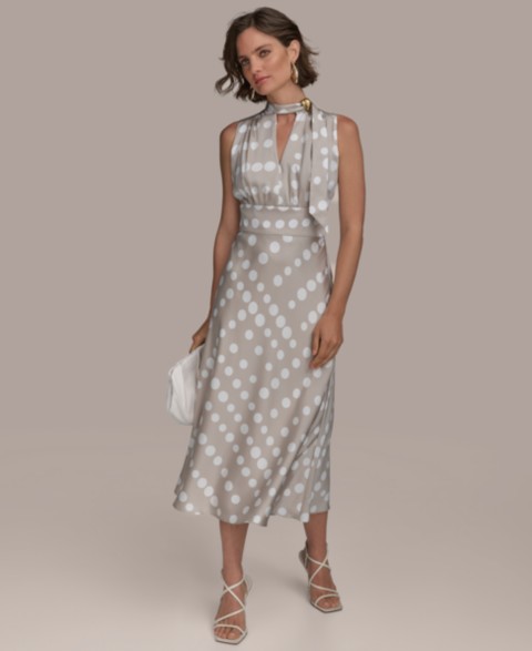 Женские Donna Karan New York Women's Dot-Print Tie-Neck A-Line Dress
