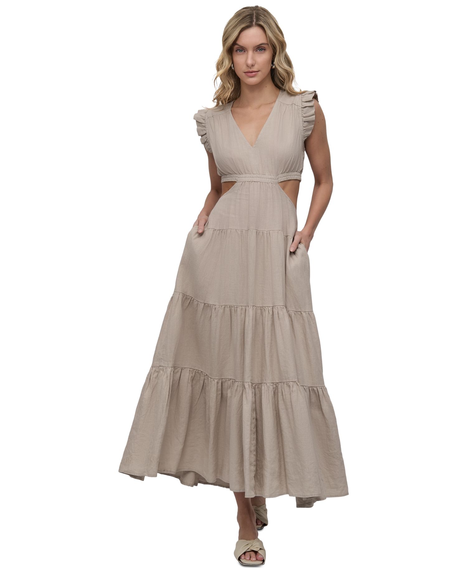 Women's Linen-Blend Tiered V-Neck Cutout Dress