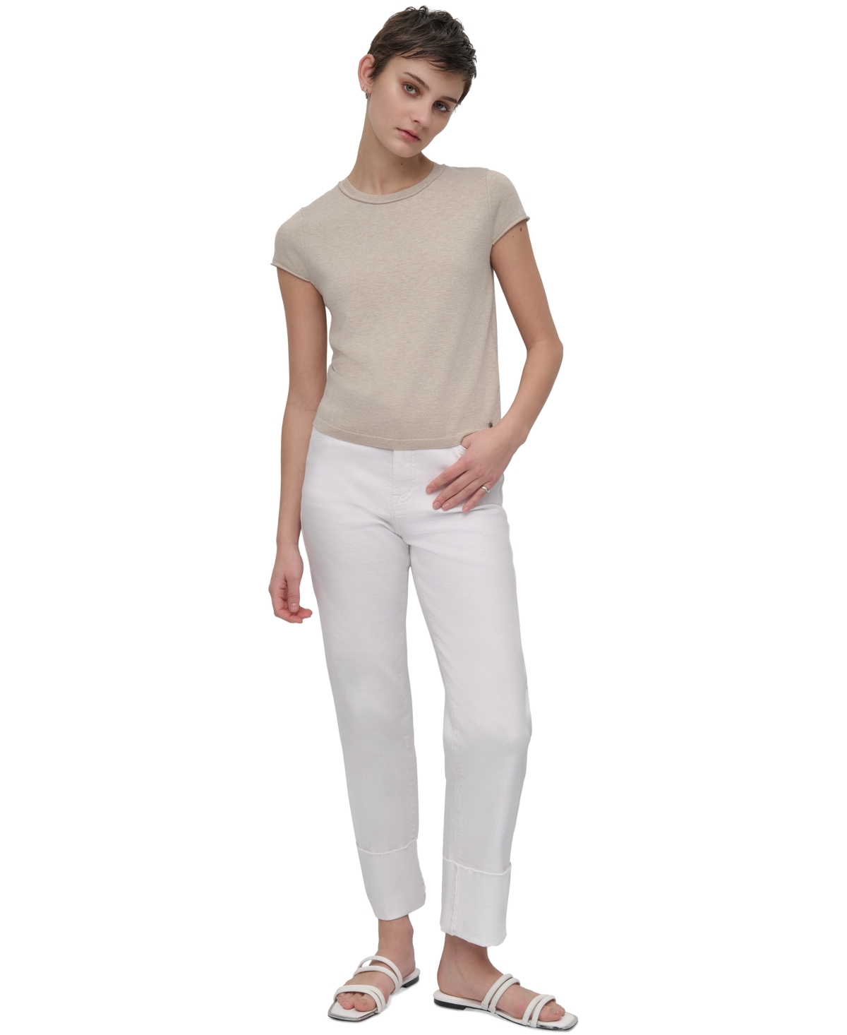 Shop Dkny Jeans Women's Cap-sleeve Crewneck Tee In J1v - Pebble Heather