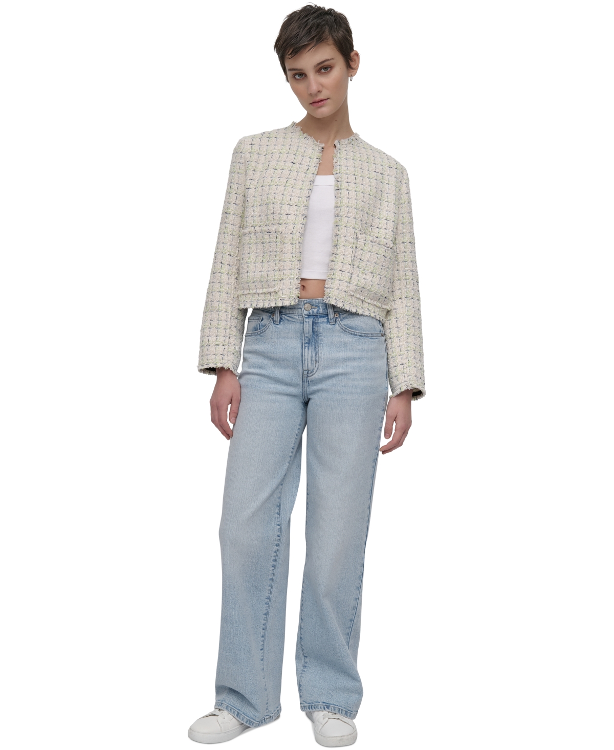 DKNY JEANS WOMEN'S FRAYED CROPPED LONG-SLEEVE JACKET 