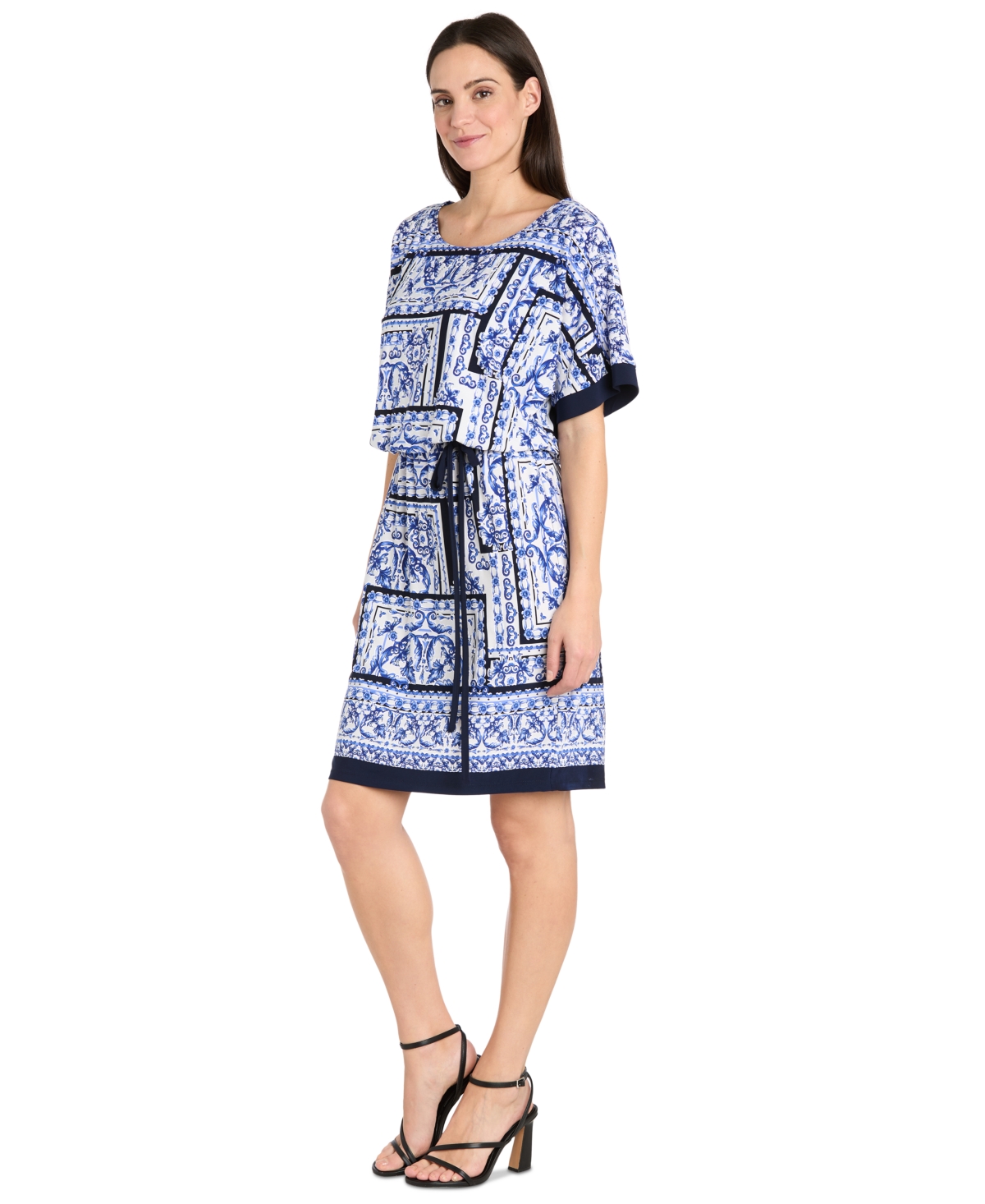 R & M Richards Plus Size Printed Blouson A-line Dress In White Denim