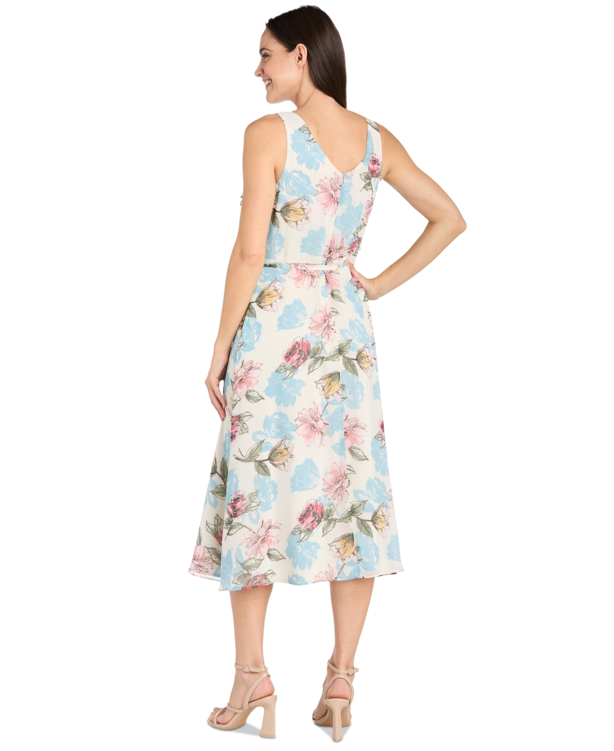 R & M Richards Petite Floral-print Ruffled Midi Dress In Ivory Denim