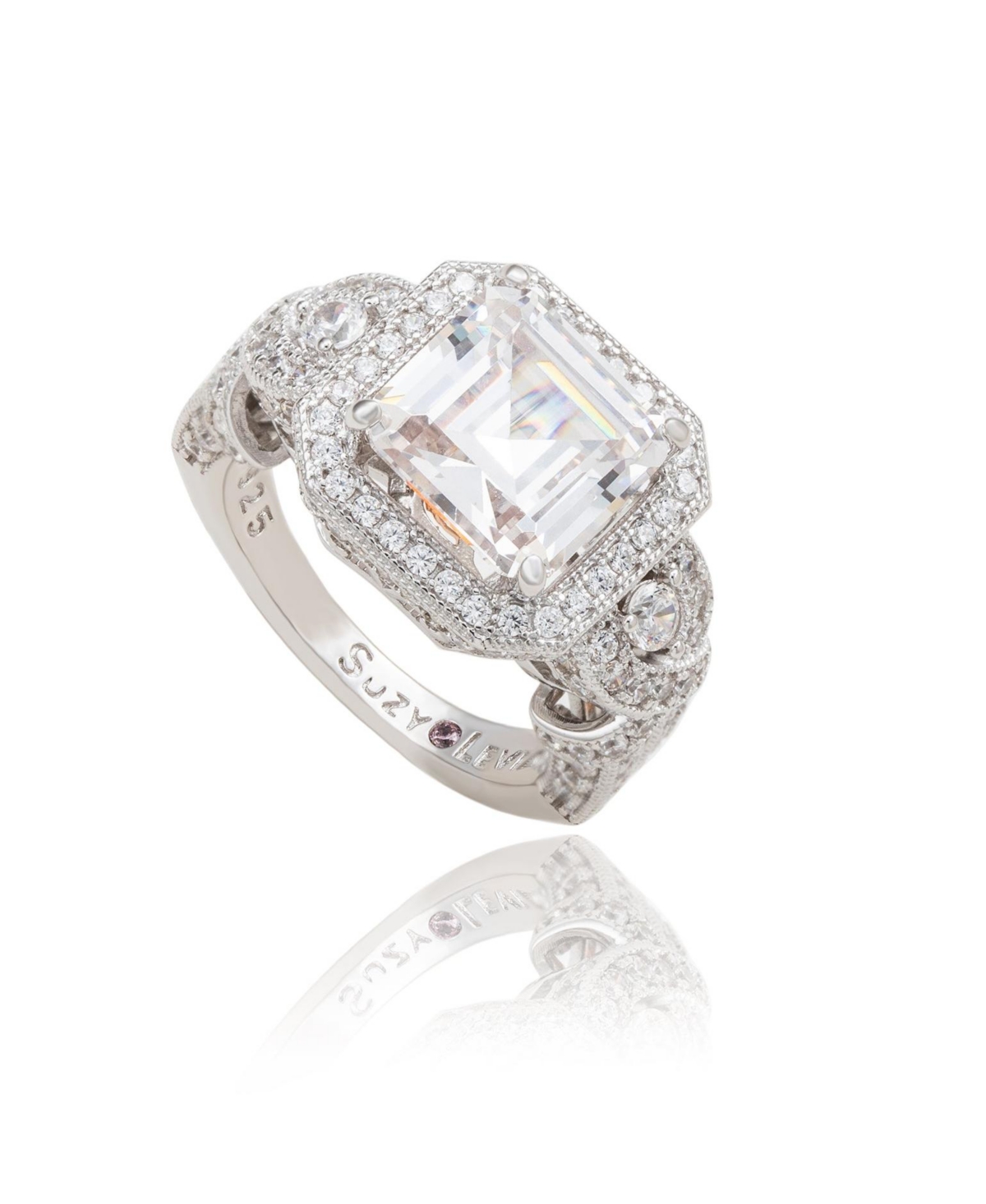 Suzy Levian Sterling Silver Asscher Cut Cubic Zirconia French Filigree Ring - White