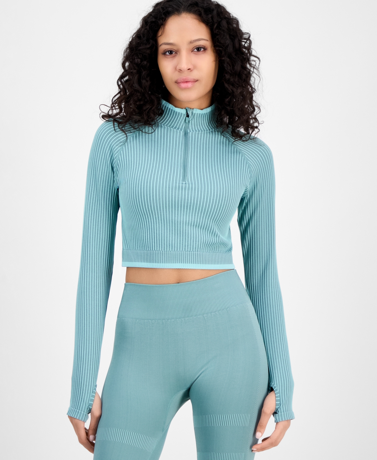 Women's Half-Zip Crop Long-Sleeve Top, Exclusively at Macy's - Green Fog