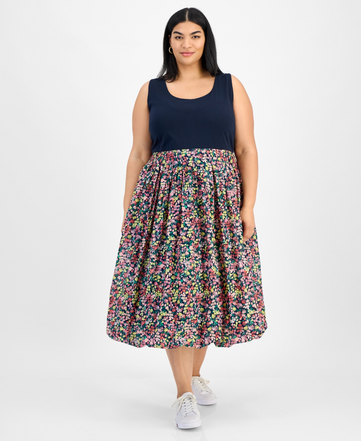 Tommy Hilfiger Plus Size Floral-print-skirt Sleeveless Dress In Sky Cap Multi