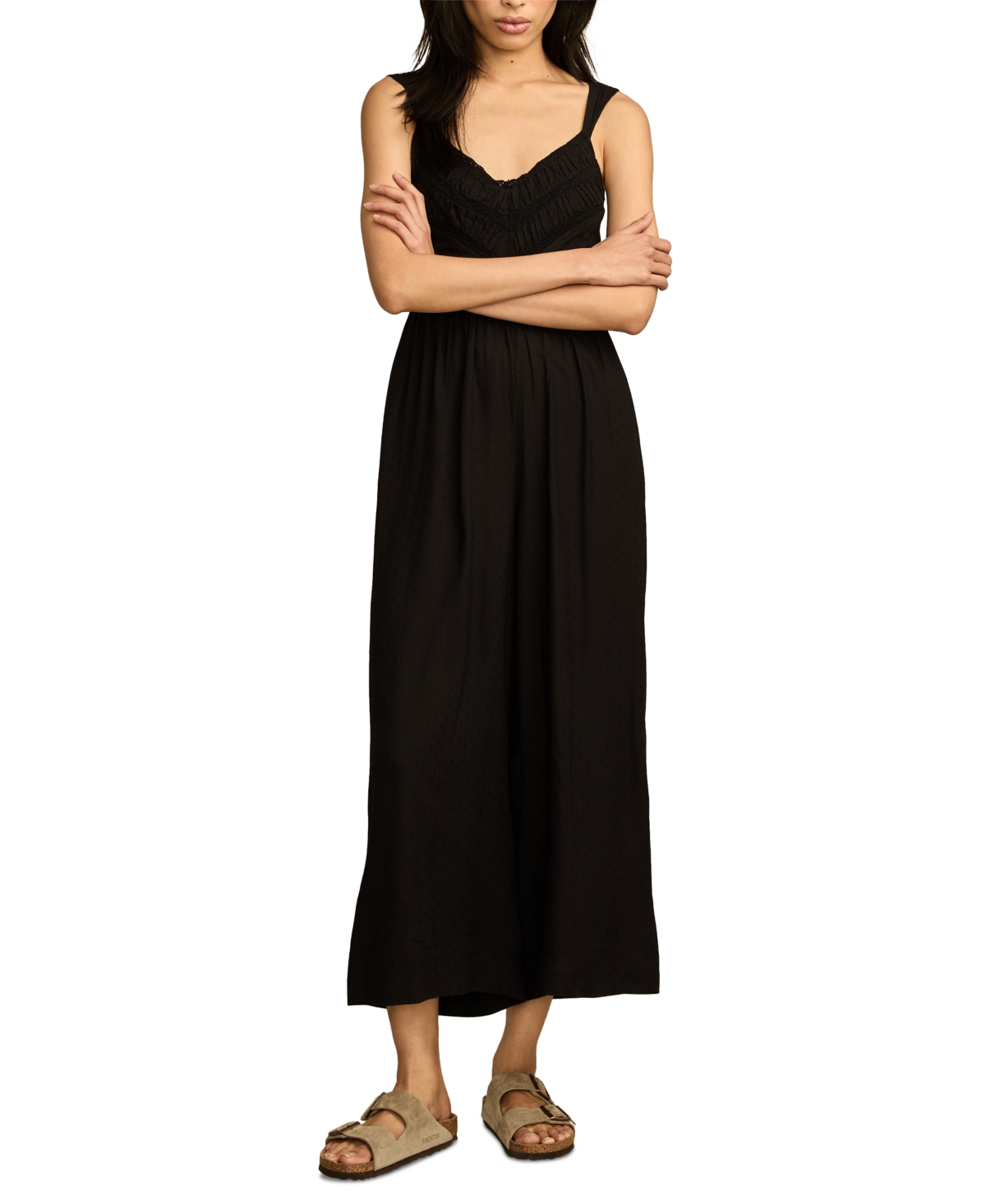 Shop Lucky Brand Women's Ruched Lace Wide-leg Jumpsuit In Meteorite