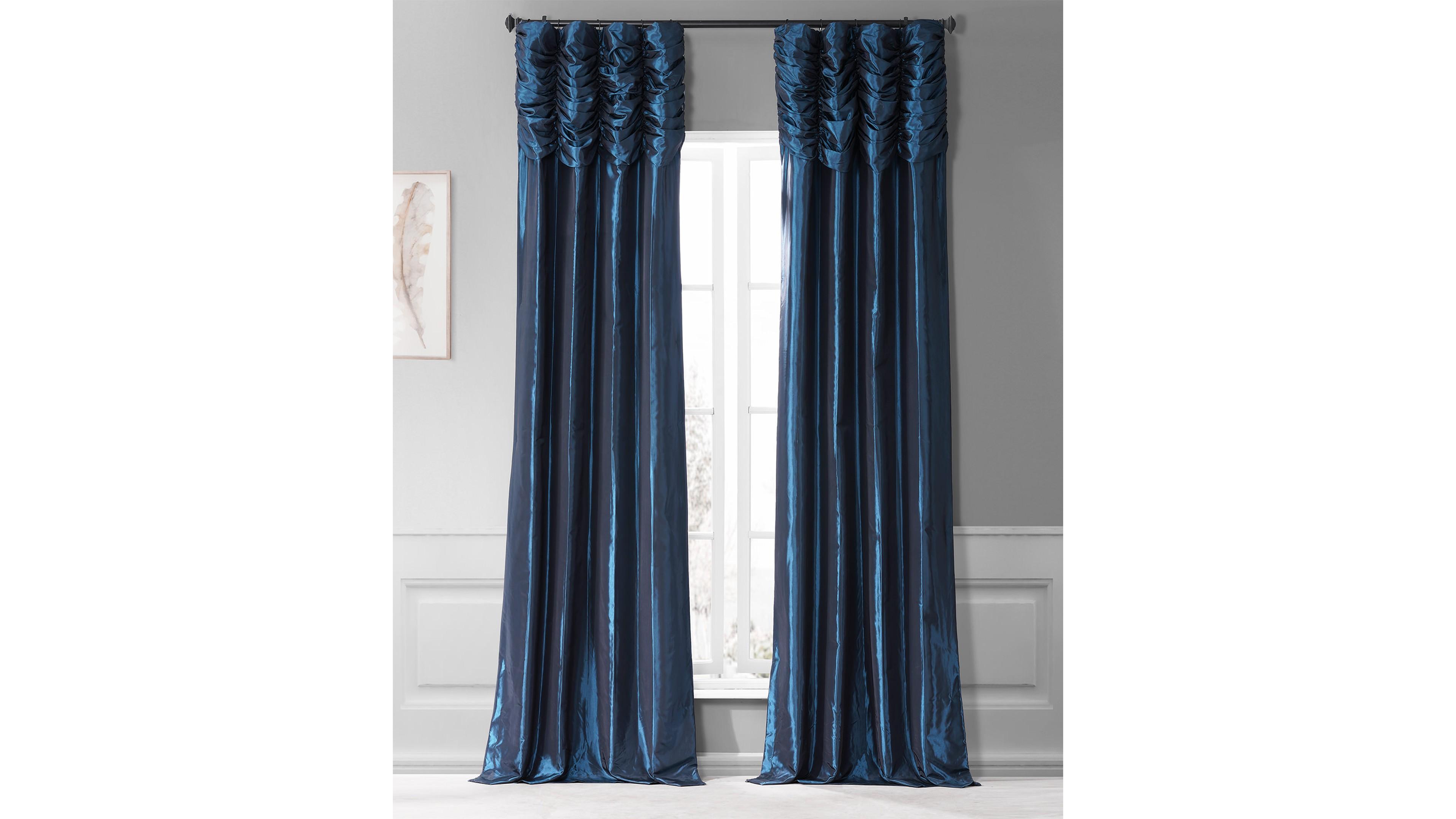 Half Price Drapes Navy Ruched Solid Faux Silk Taffeta Room Darkening Curtain