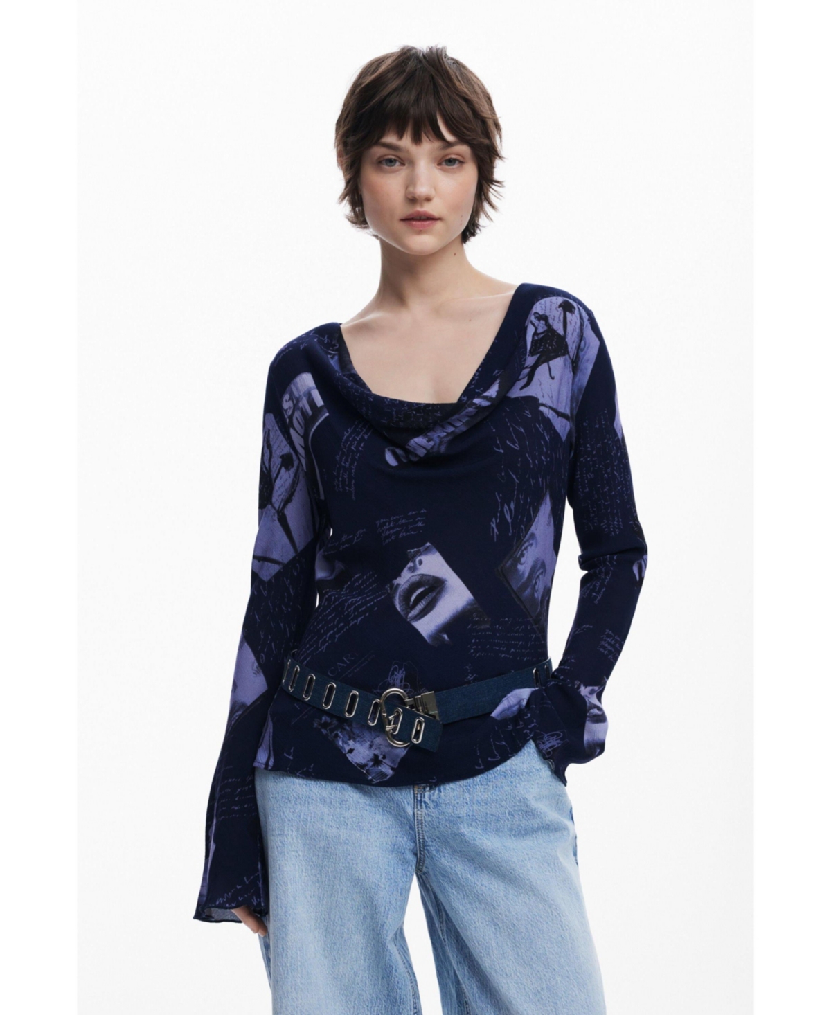 Women's Asymmetric collage blouse - Dark blue
