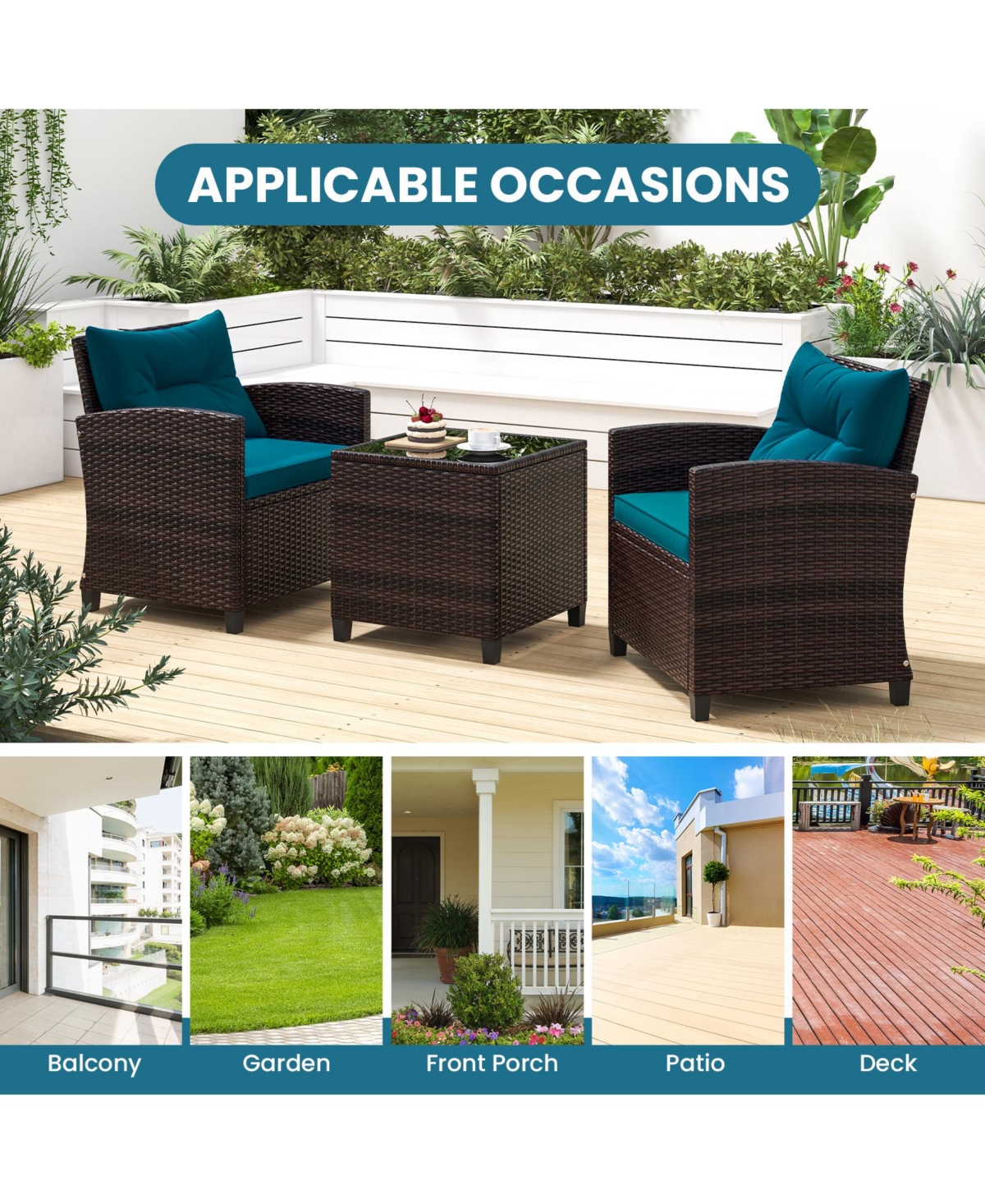 3 Pieces Rattan Patio Furniture Set with Washable Cushion