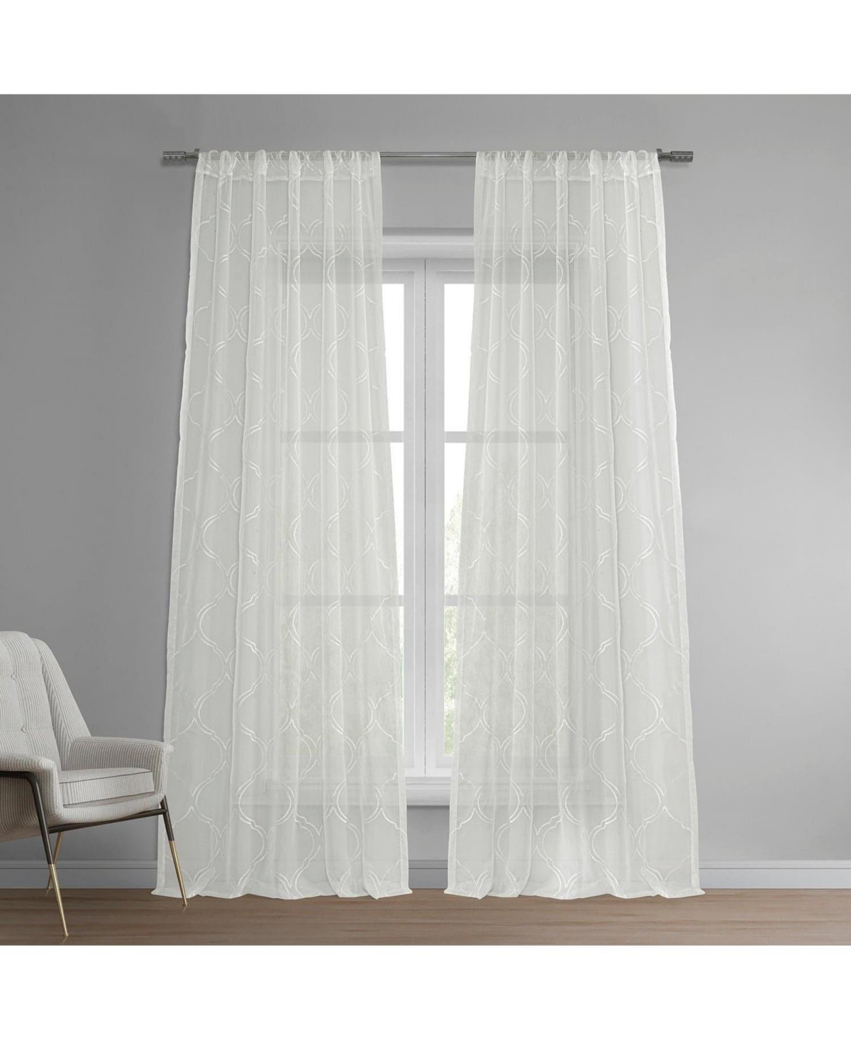 Half Price Drapes Florentina White Embroidered Geometric Sheer Curtain