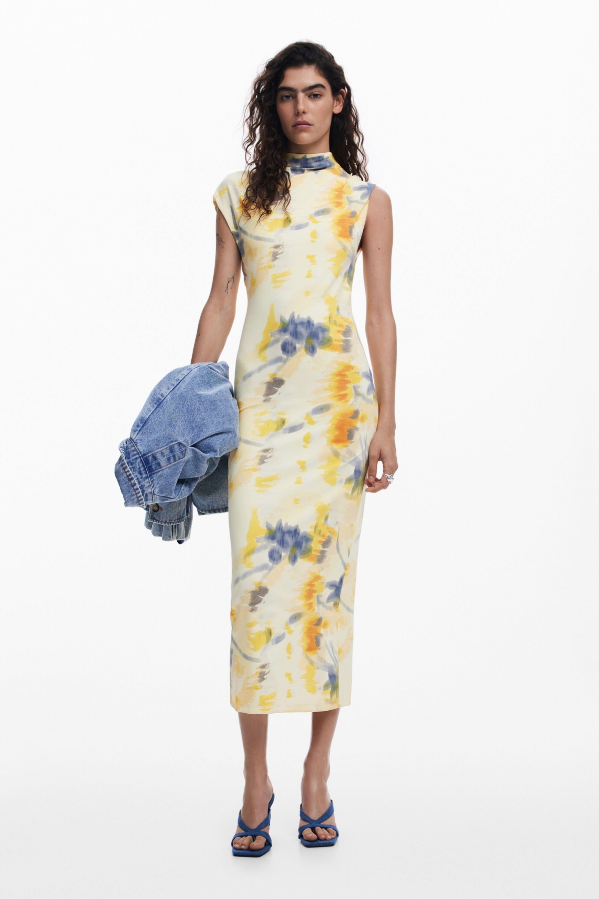 Desigual Blurred Floral Midi Dress In Yellow