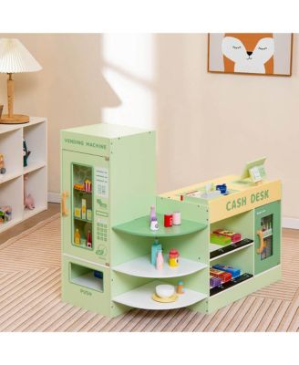 Wooden Supermarket Play Toy Set Kids Grocery Store Playset w/ Checkout Counter