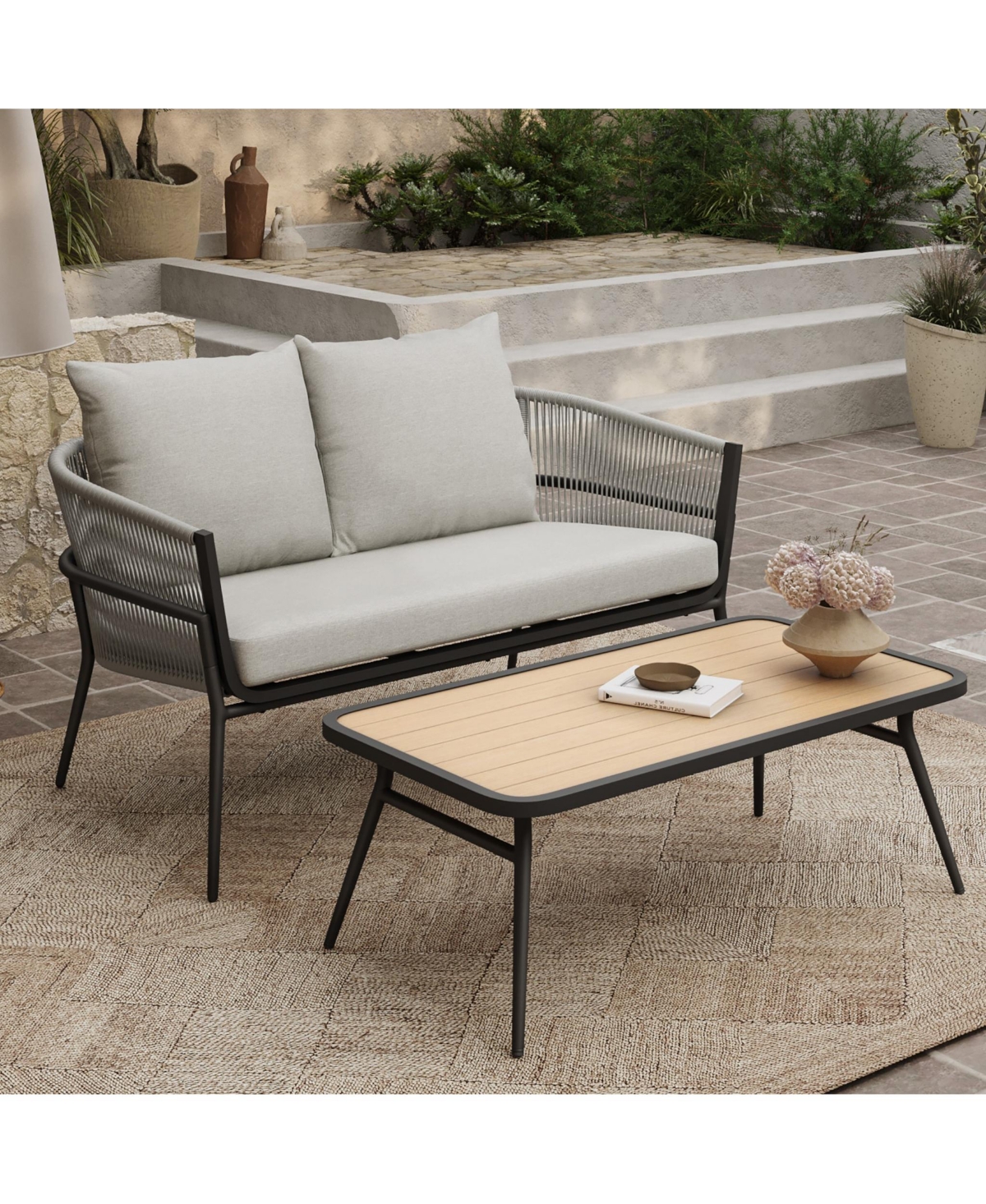 Luxenhome Outdoor Aluminum With Pe Rattan Loveseat Sofa With Cushions And Coffee Table Set In Black,gray,natural