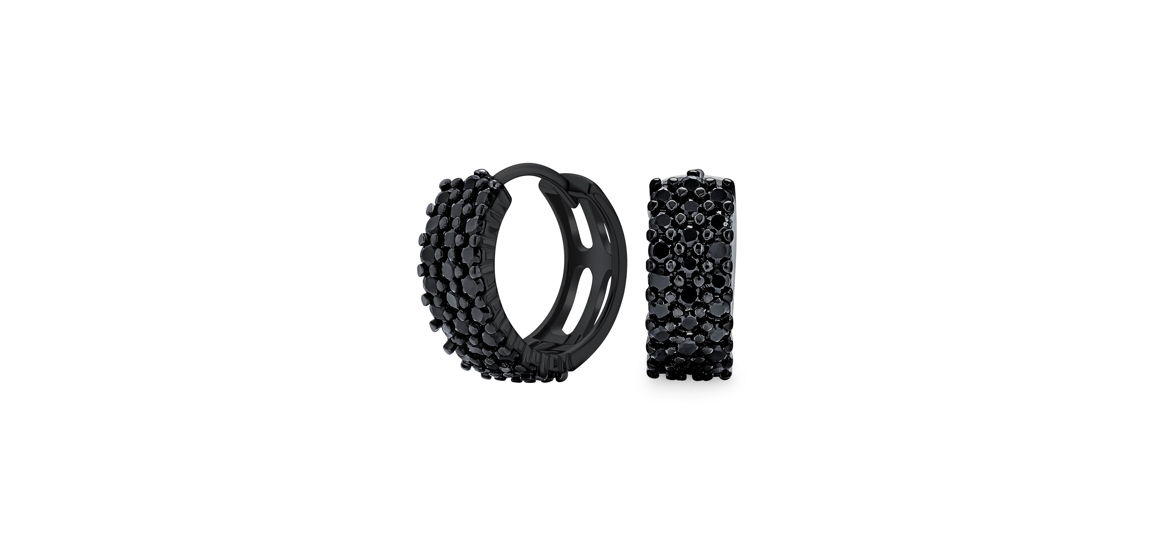 Bling Jewelry Black Pave Cz Hoop Earrings Small Wide Huggie Sterling Silver Kpop Style