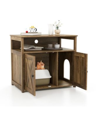 Cat Litter Box Enclosure with Double Barn Doors, Divider, Side Entry & Storage Shelf Stylish & Functional