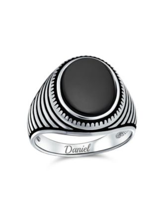 Retro Grooved Silver Ring with Black Onyx Square Signet Sterling Silver Band