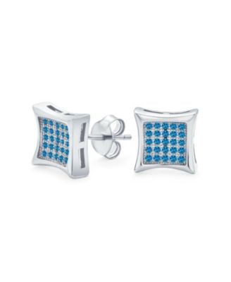Geometric Square Blue Sapphire Micro Pave Cz Stud Earrings Sterling Silver