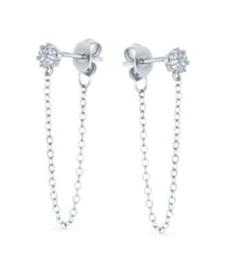 Minimalist 4MM Star CZ Stud Earrings with Delicate Chain in 14K Gold or Silver