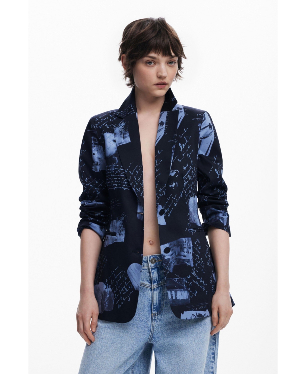 Desigual Collage Print Blazer In Dark Blue